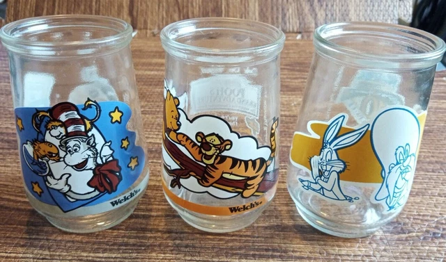 Welch's Jelly Jar Glasses Winnie the Pooh, Dr Seuss & Bugs Looney Tunes Set of 3