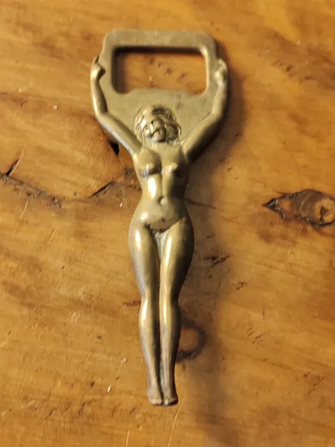 Vintage Brass Bottle Opener Beer Naked Lady Nude Saucy Risque Art Deco Style