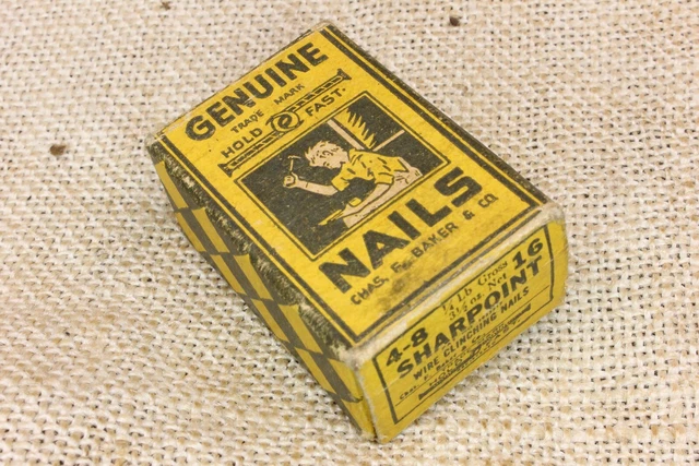 1/2” old Sharpoint Shoe 25 NAILS 1/8” round Flat headed vintage in YELLOW BOX