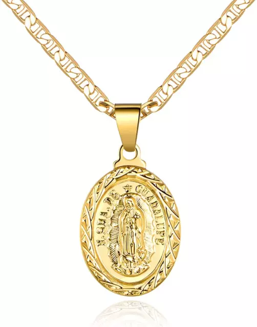 18K Gold Plated Flat Mariner/Marina 060 3MM Chain Necklace with Virgin Mary Guad