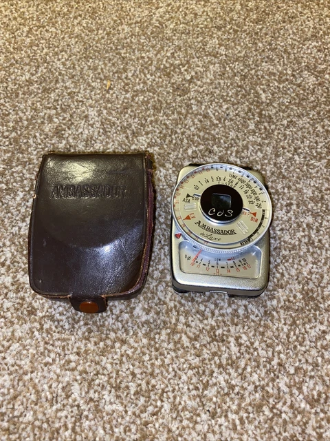 Misuratore di esposizione alla luce Ambassador de Luxe con custodia in pelle vintage da collezione