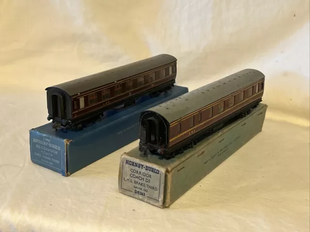2 x Hornby Dublo 32015 & 32016 LMS Coaches, 1st/3rd & Brake with Box 3 Rail L@@K