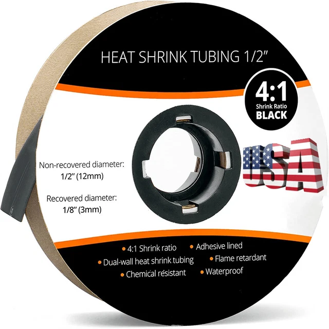 10 ft Roll Black 1/2" Heat Shrink Tubing 4:1 Ratio Adhesive Lined Marine Grade