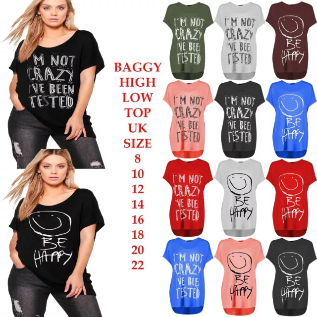 Womens Printed Slash Neck Oversized Baggy Top Ladies Off Shoulder Bardot T Shirt