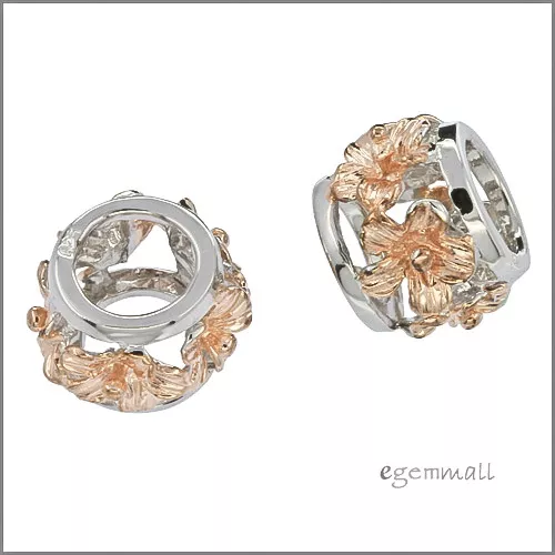 1 Rose Gold Plated 2-tone Sterling Silver Tube Flower European Charm Bead #51620