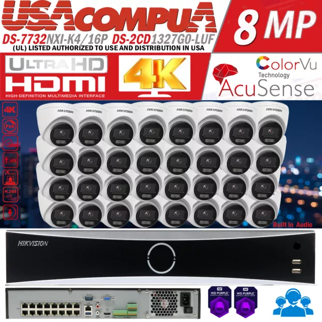 Hikvision 32CH 16POE NVR 4K Security IP Camera System 2MP Colorvu Full Color Lot