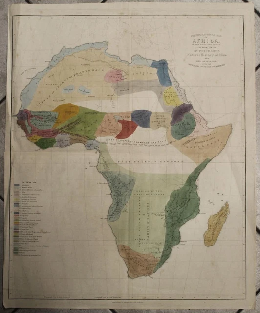 African Continent 1843 Prichard Large Unusual Antique Ethnographic Map Map