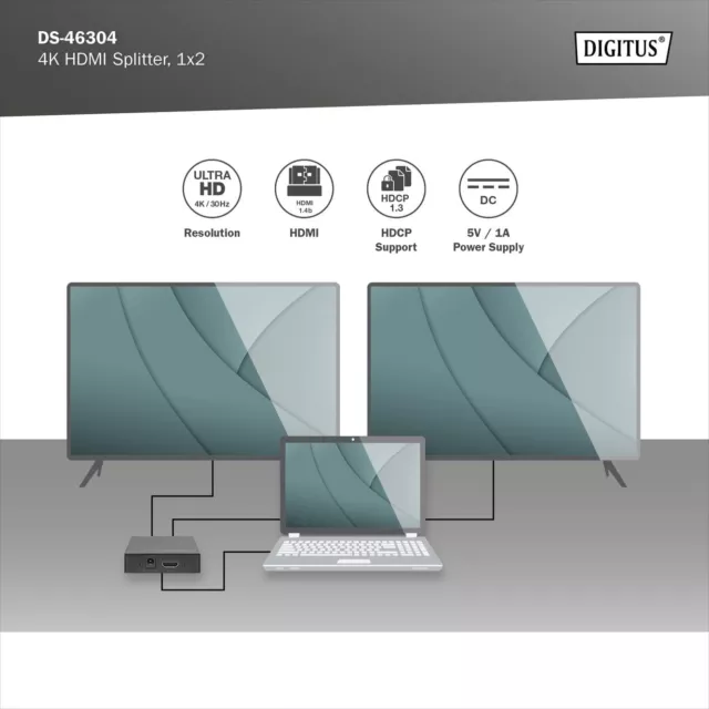 DIGITUS 4K HDMI Splitter 1x2, supports 4K2K,3D video formats, black 3