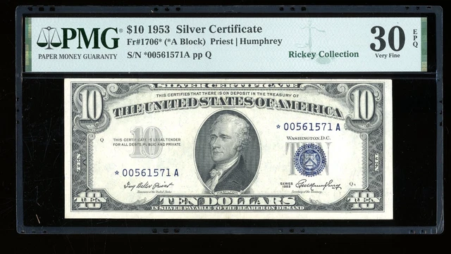 DBR 1953 $10 Silver STAR Fr. 1706* PMG 30 EPQ Serial *00561571A