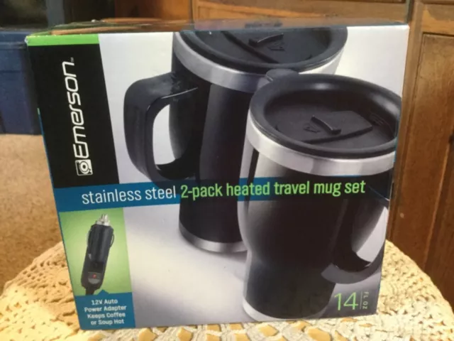 New Emerson Stainless Steel 2 Pack Heated Travel Mug Set.  14 Oz.  12 V Adapter