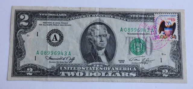 1976 $2 Bill Meter Cancelation and Stamped April 13, 1976- Boston