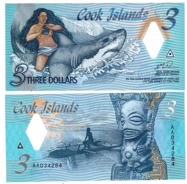 Cook Islands Billet 3 Dollars 2021 Aa Shark Requin Nouveau Polymer Neuf Unc