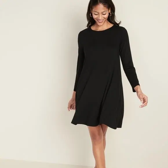 Black Small 4 / 6 Soft Stretchy Long Sleeve Knee Length Swing Dress OLD NAVY