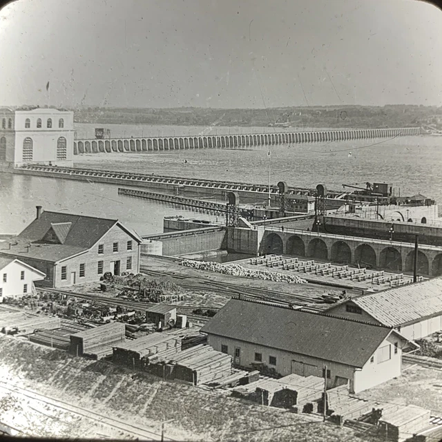 Magic Lantern Glass Slide Photo Keystone Keokuk Iowa Power Plant Dam River