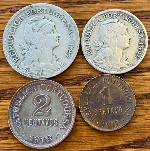 4 Vintage 1900s Portugal Escudo, 50, 2, 1 Centavos, Obsolete Pre-Euro Coins