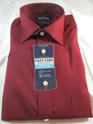 NWT STAFFORD EASY CARE BROADCLOTH STRETCH COMFORT DRESS SHIRT Rich Burgundy Soli