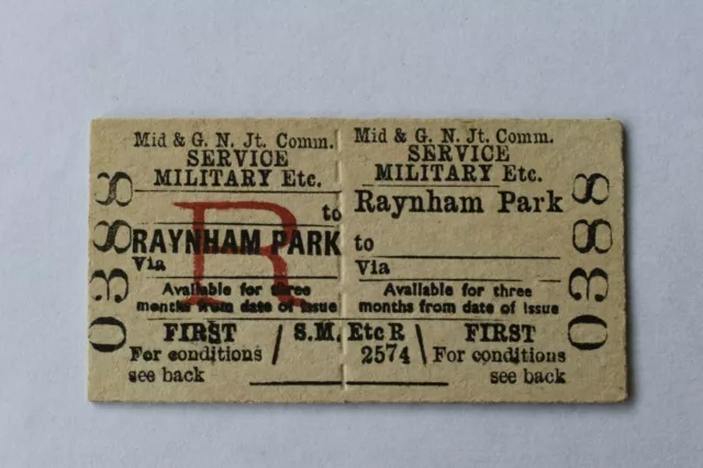 M&GN Jt Railway Ticket 0388 RAYNHAM PARK to ............ SERVICE MILITARY
