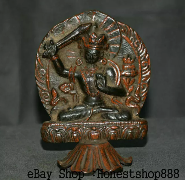 14CM Old Tibet Buddhism Temple Bronze Wenshu Manjushri Sword Buddha Statue