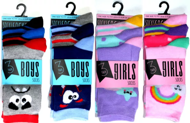 Kids Girls Boys Ankle Socks Children Pink Blue 3 Pair Character Colored Design