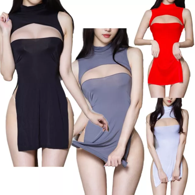 Women's Turtleneck Sleeveless Cutout Side Slit Bodycon Mini Dress Party Clubwear