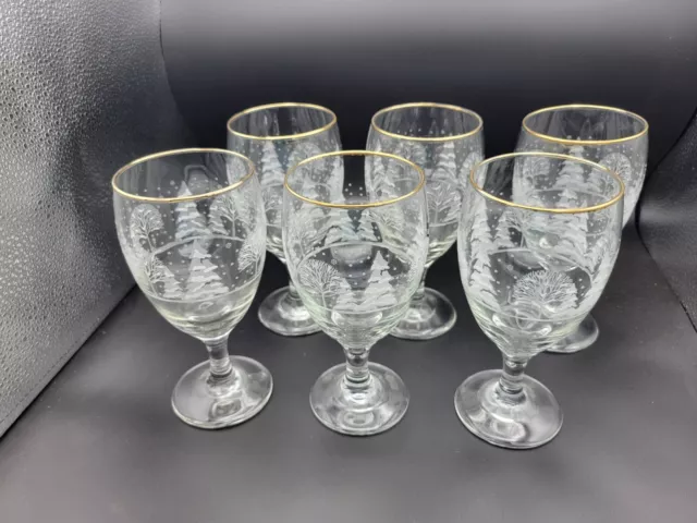 Arby's Winter Scene Goblet Wine Glass Libbey Stemmed 10 oz Frosted Gold Rim (6)