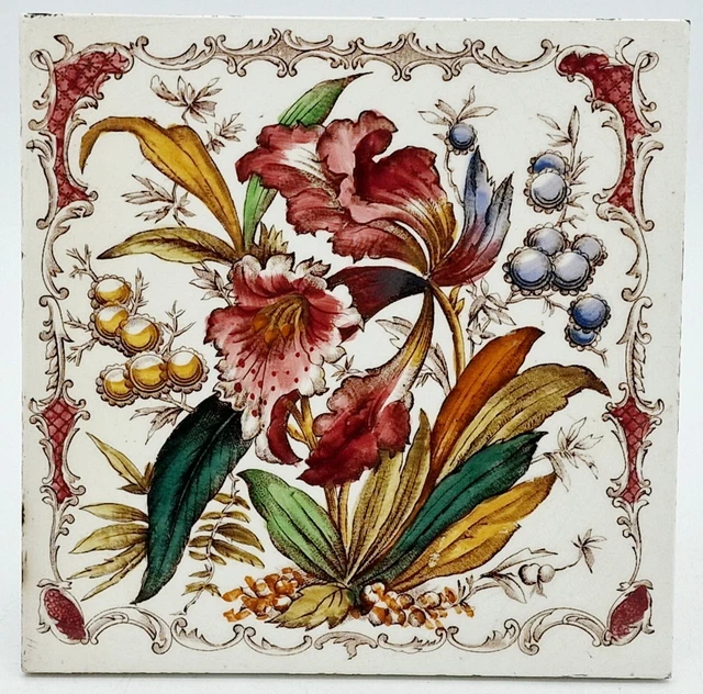 Antique Fireplace Tile Transfer Printed Floral Design Lea & Bolton C1895
