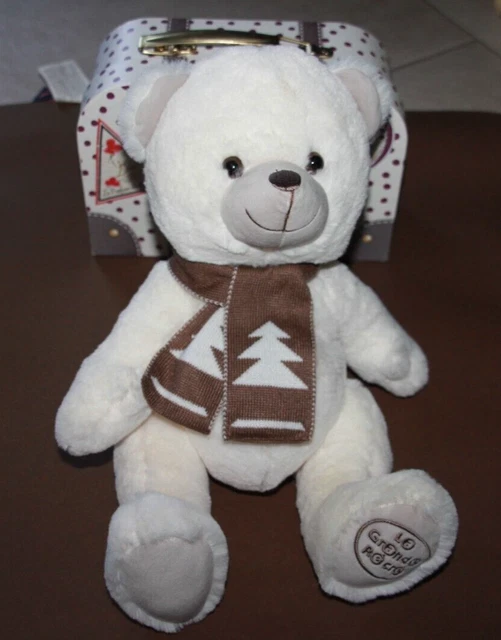 Doudou peluche LA GRANDE RECRE OURS BLANC ECHARPE MARRON SAPIN 26 cm  NEUF