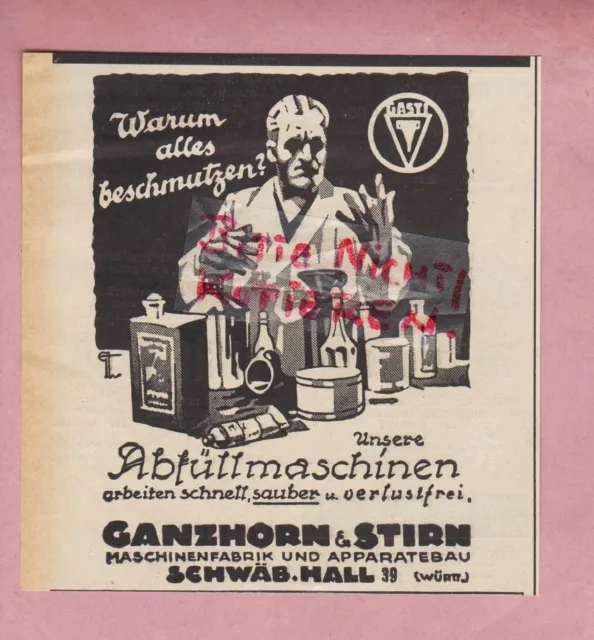 SCHWÄB.HALL, Werbung 1933, Ganzhorn & Stirn Maschinenfabrik Apparatebau Abfüll-M