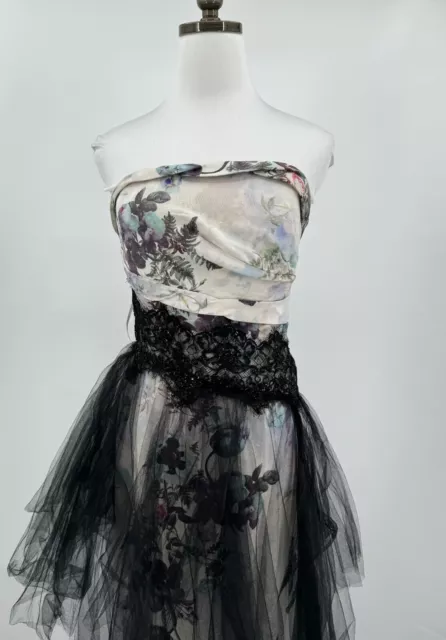 Marchesa Notte Womens Black Floral Tulle Cotton Silk Strapless Maxi Dress Sz 2 2