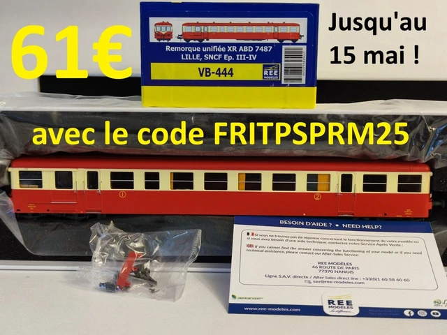 Ree Modeles VB444 Remorque D'autorail XR-7487, Rouge-Crème Toit Rouge Sncf Lille Eclaire