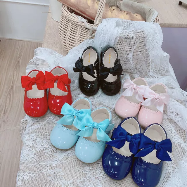 Kids Girls Ribbon Bow Spanish Wedding Party Patent Infants Toddler Shoes Size