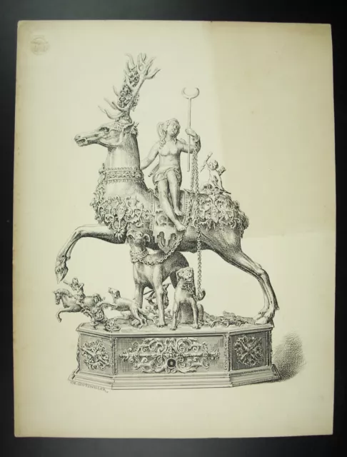 Dibujo S.XIX Firmado Charles Goutzwiller Autómata Coche Wenzel Jamitzer XVI