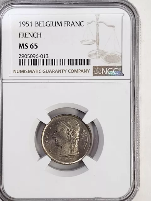 1951 Belgium 1 Franc Coin French text NGC rated MS 65 Top Pop!