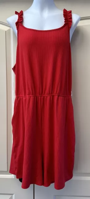 Chic soul Romper Pockets In Red Tomato Stripe Flutter Sleeveless Plus Size 2XL