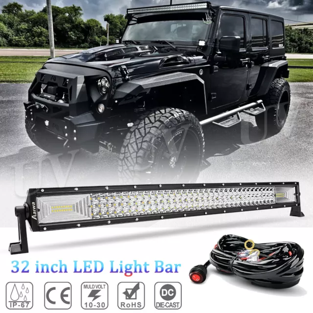 32 Inch LED LIGHT BAR Tri Row Spot Flood Combo Truck Offroad 4WD ATV SUV Light