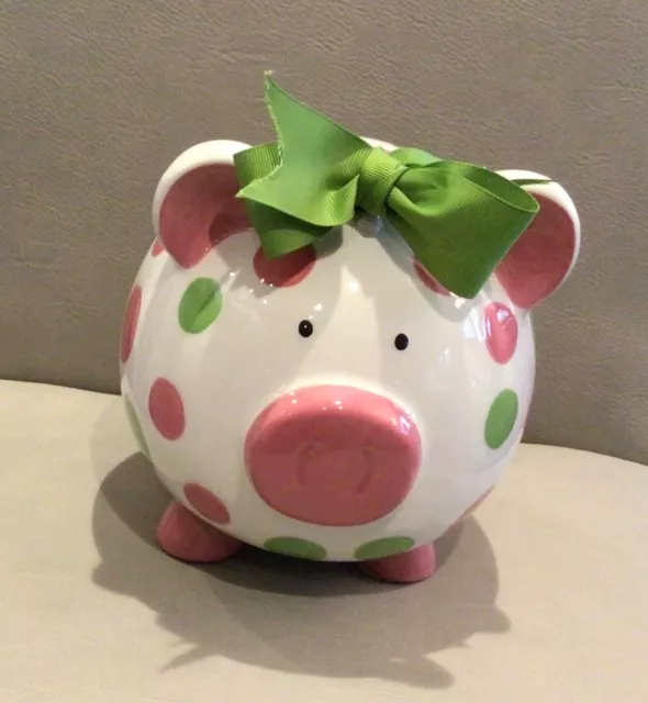 Burton + Burton - Girls Pink & Green Circles Pig Piggy Bank Green Bow Ceramic 
