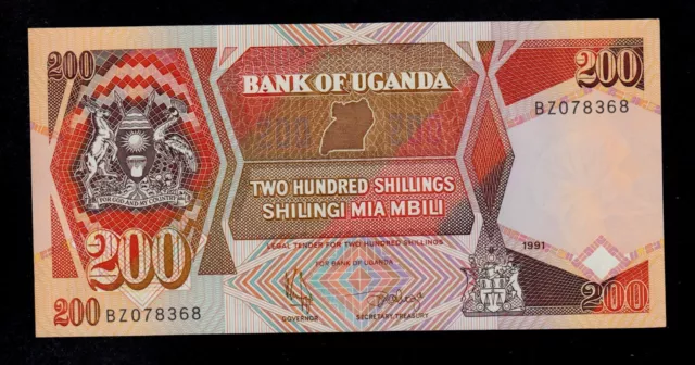 UGANDA  200 SHILLINGS 1991  BZ  PICK # 32b UNC.