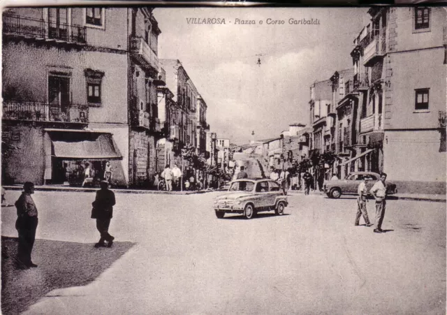 Cartolina  Villarosa B/N   Viaggiata 1958 Piazza E Corso Cavpur Animata + Auto