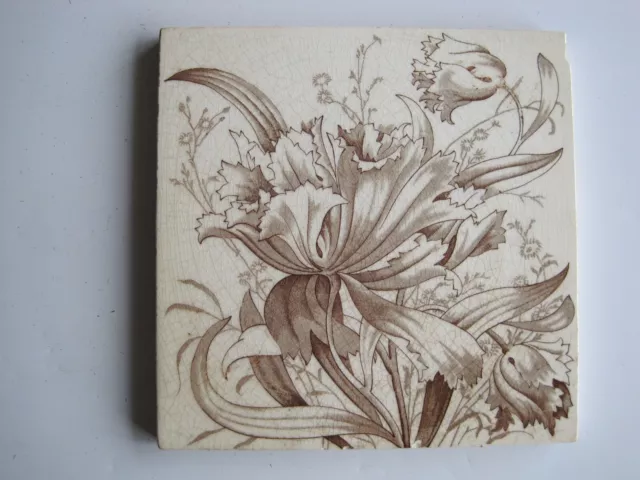 ANTIQUE VICTORIAN LEA & BOULTON  FLORAL TRANSFER PRINT TILE C1896 -1902 No.1