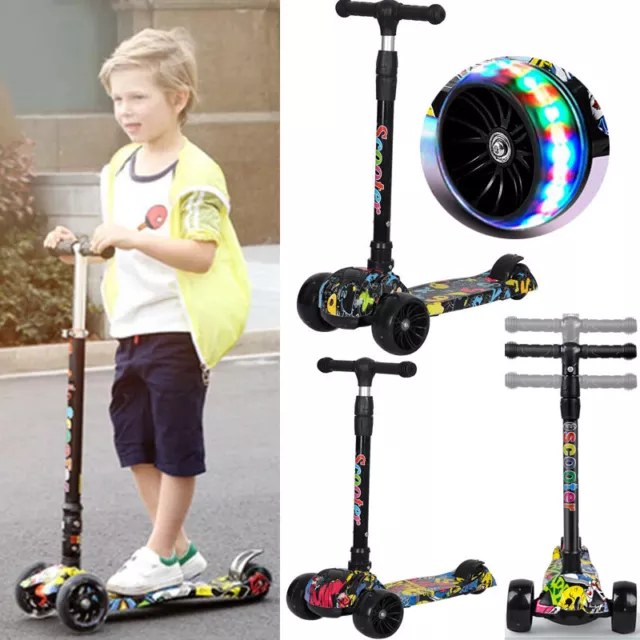 Kids Scooter Child Kick Flashing LED Light Up 3 Wheel Push Adjustable Folding