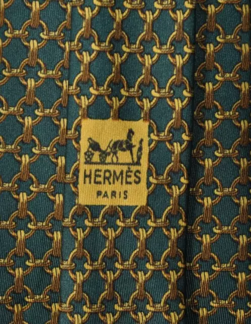 HERMES PARIS 59 EA Tie FRANCE MADE Silk Brown/Green Color L57 W3.3