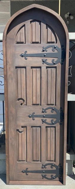 Rustic reclaimed lumber arched top door solid wood TUDOR wine cellar castle iron