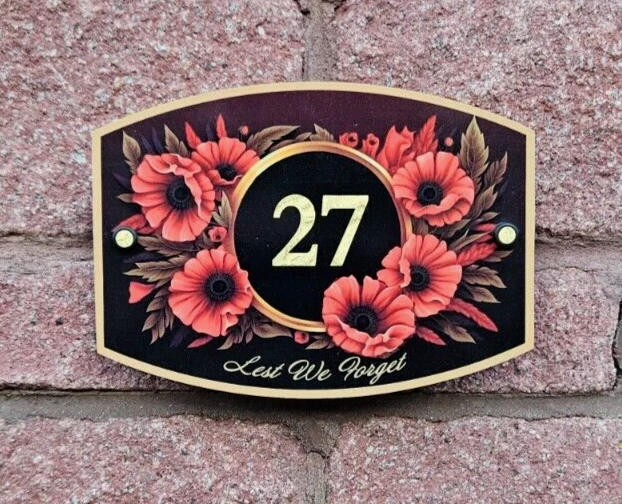 Military Remembrance Tribute Lest Forget House Number Poppy gift Plaque gold