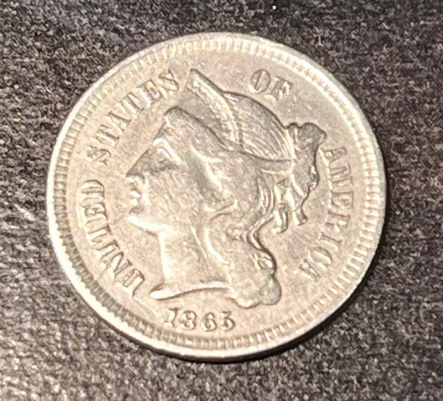 AU - 1865 Three Cent Nickel Piece-NO RESERVE