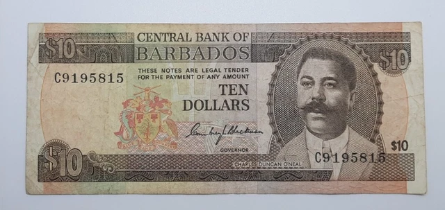 1973 - Central Bank Of BARBADOS  - $10 Dollars Banknote, Serial No. C9 195815