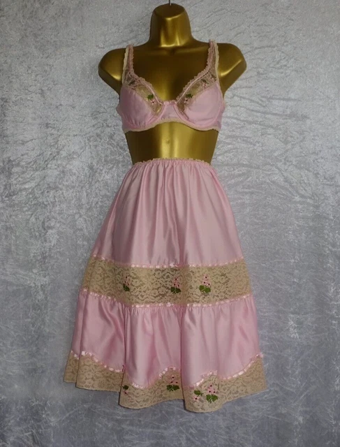Sottoveste e reggiseno vintage JANET REGER liquido seta raso e pizzo mezza slippa rosa Med