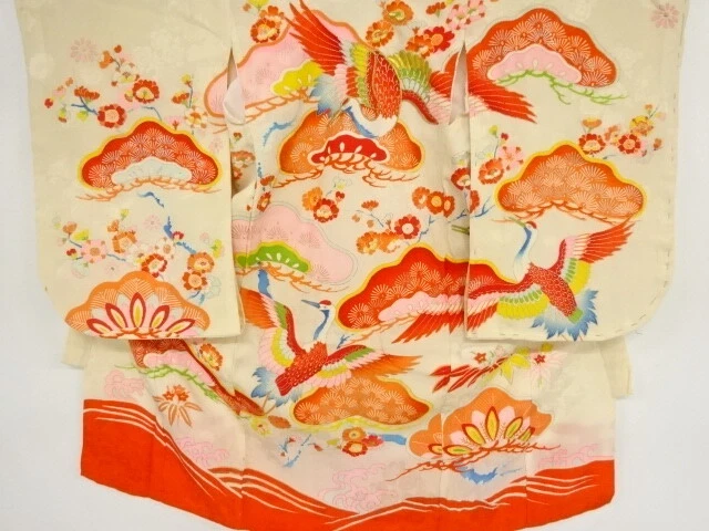 38794# Japanese Kimono / Antique Kimono For Girls / Embroidery Cranes