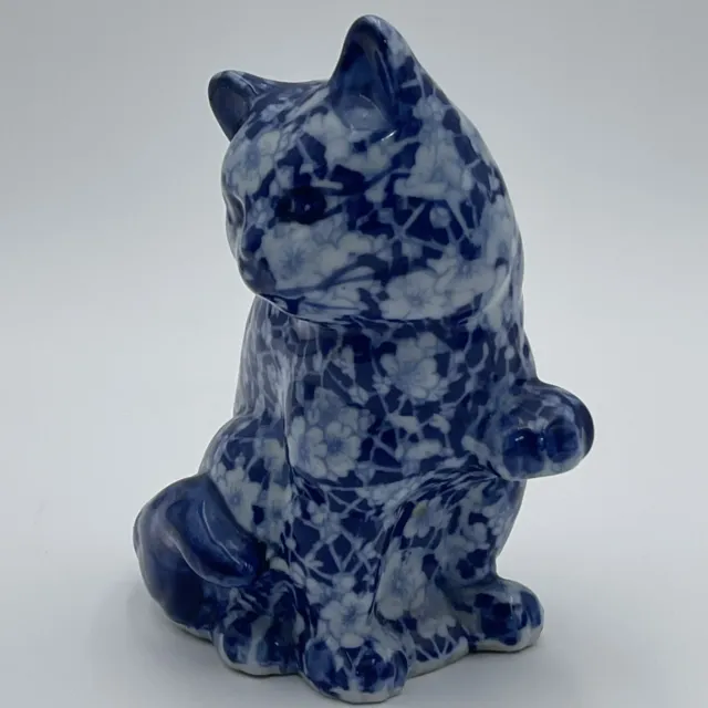 Chintz Blue White Floral Flower Design Porcelain Cat Statue Figurine Chinoiserie