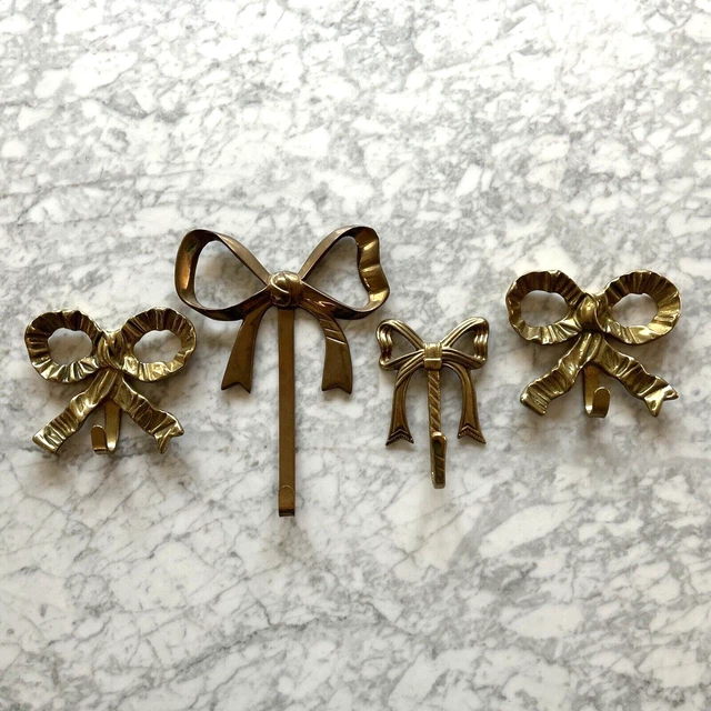 Lot 4 vintage brass bow wall hooks decorative accents 1970 60s hollywood regency