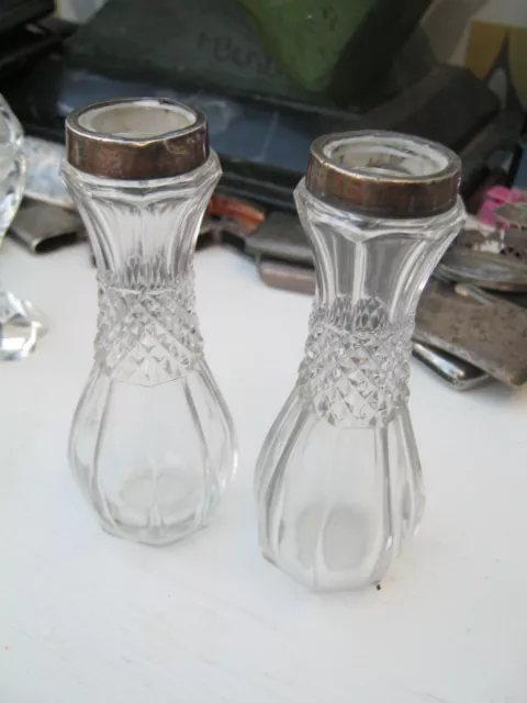 Birmingham 1904 PAIR Of Sterling Silver Rimmed & Cut Glass Art Nouveau Vases